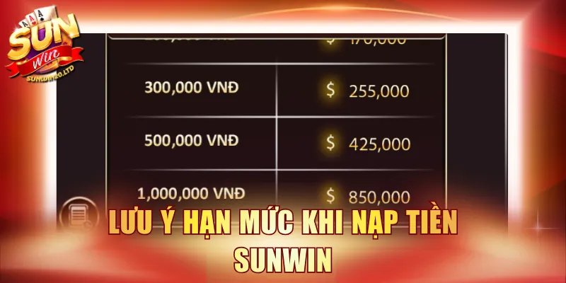 Lưu ý hạn mức khi nạp tiền SUNWIN